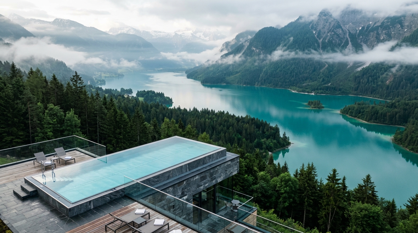 Infinity Pool mit Blick auf österreichische Alpenlandschaft